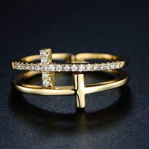 18k Gold Plated Cubic Zirconia Double Cross Ring